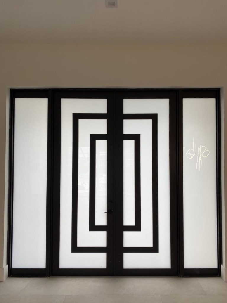 Custom aluminum glass entry doors with frosted glass and sidelites